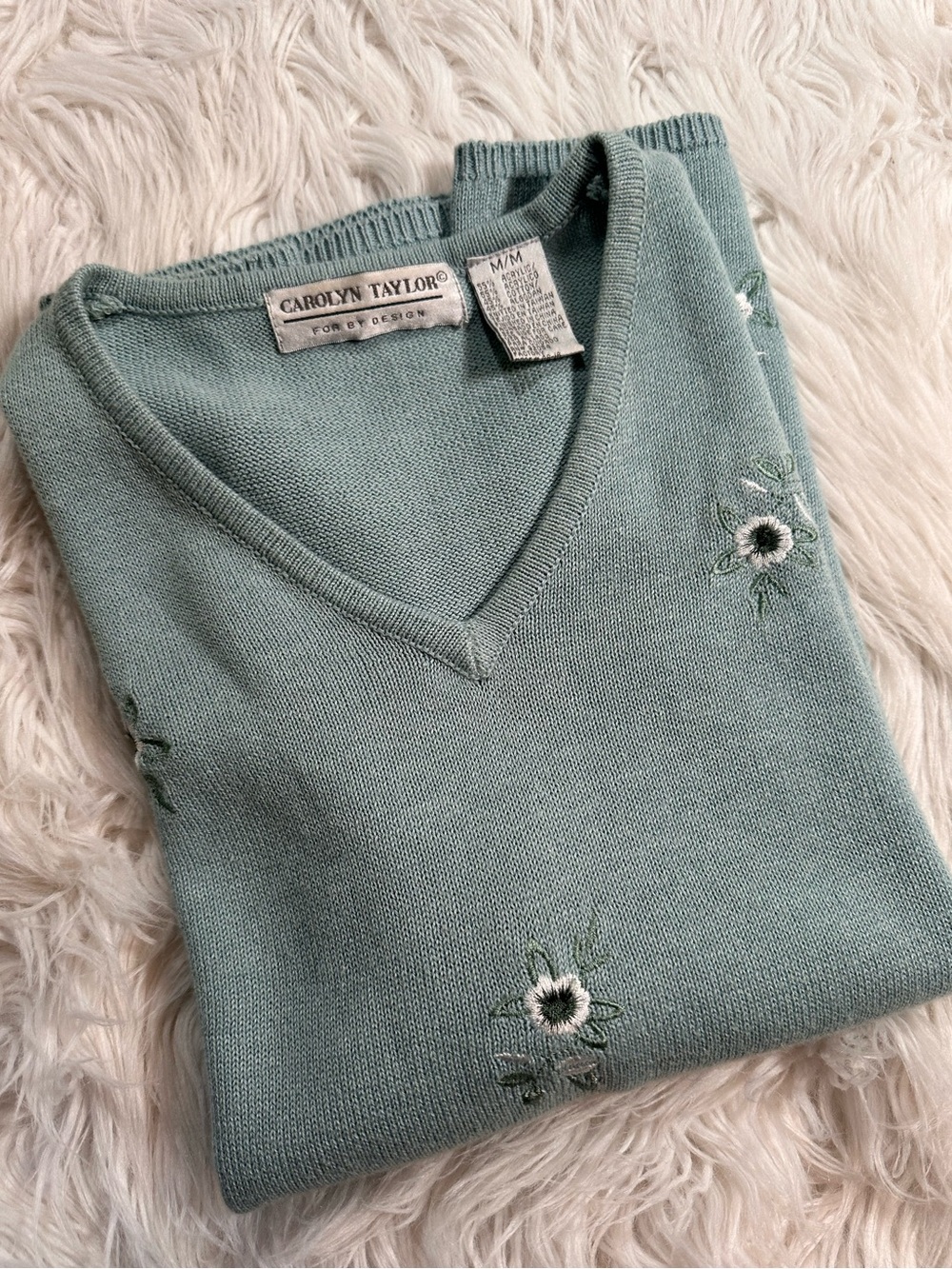 Carolyn Taylor • Vintage Mint Green Blue Floral Embroidery Short Sleeve Sweater